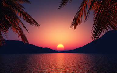 Wall Mural - 3d render of an ocean against sunset sky