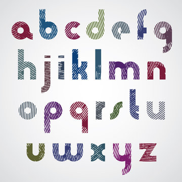 Grunge colorful rubbed lower case letters, decorative font on wh