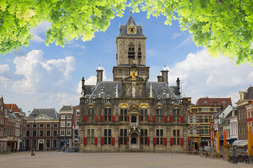 Sticker - town hall and market square, Delft, Holland