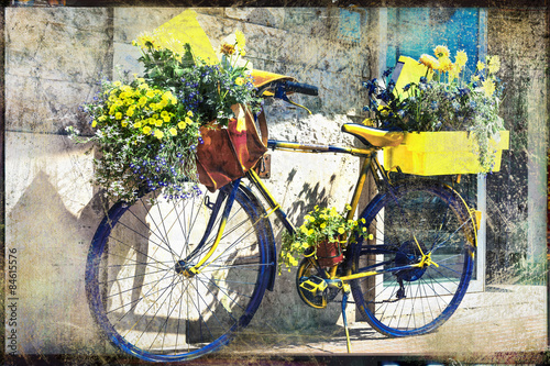 Naklejka na szafę vintage bike decorated with flowers, artistic retro picture