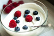 Bowl of yogurt with raspberries and blueberries