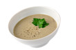 Mushroom cream soup in white bowl garnished with grated pepper and parsley leaf. Isolated