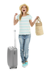 Poster - Woman holding suitcase, isolated on white