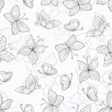Vector seamless pattern with hand drawn butterflies and flowers on white background. Background for use in design, web site, packing, textile, fabric