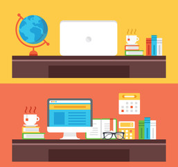 Poster - Workplace, office room, home room, school room, flat illustrations set