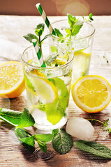 Wall Mural - Refreshing cold iced mint tea with lemons, summer drink with ice