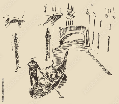 Naklejka na meble Streets Venice Italy with Gondola Vintage Engraved