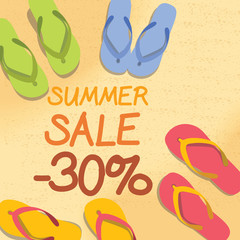 Summer discount of 20 percent on the sand with starfish and colo