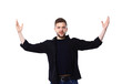 © opolja - Excited handsome man with arms raised in success - Isolated on w