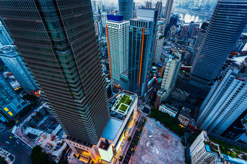 Wall Mural - High angle view of skyscrapers in chongqing at sunset