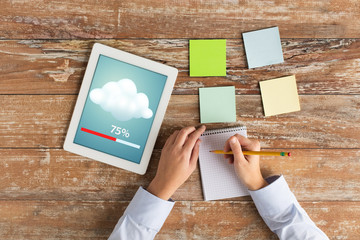 Poster - close up of hands with tablet pc and notebook