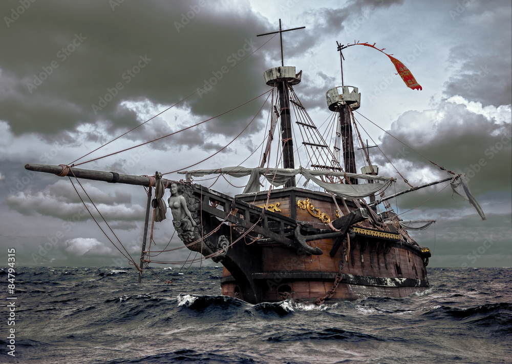 Abandoned ship at the sea - obrazy, fototapety, plakaty 