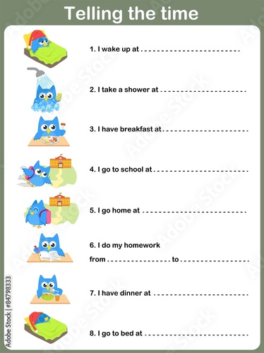 Fototapeta do kuchni Daily Routines Worksheet. - Telling the time