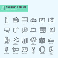 Wall Mural - Thin line icons set. Icons for technology, electronic devices.    