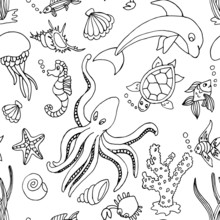 Hand Drawn Seamless Pattern With Different Sea Creatures