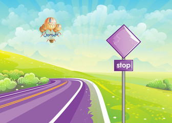 Poster - Summer illustration with highway, meadows and a balloon in the sky. Set 1.