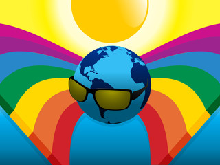 Wall Mural - Planet Earth with sunglasses on crossing rainbows
