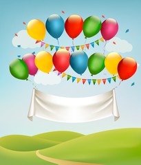 Happy birthday banner with balloons and landscape. Vector. Vecto