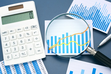 Poster - Looking graph with magnifying glass. Calculating and analyzing d