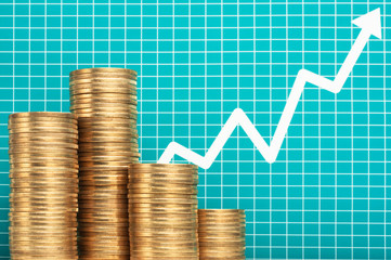 Poster - Pile of coins and upside growing arrow graph. Investment plannin