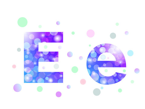 Alphabet from bokeh texture in bright blue and purple color.  Letter E.
