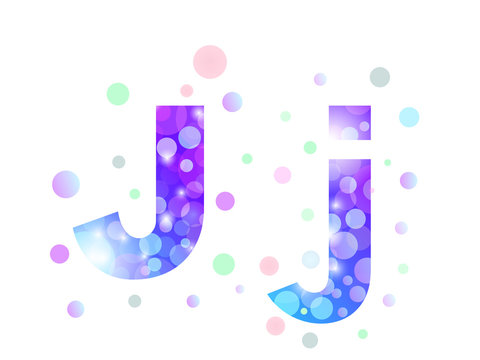 Alphabet from bokeh texture in bright blue and purple color.  Letter J.
