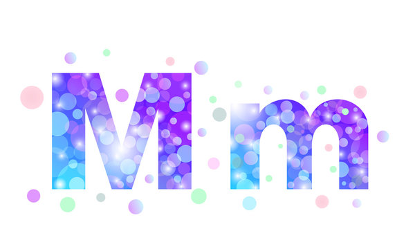 Alphabet from bokeh texture in bright blue and purple color.  Letter M.
