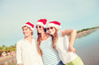© x4wiz - Group of happy young people in christmass hats on the beach