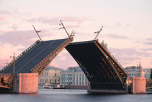 Landscape With The Image Of Open Palace Bridge From The Neva River In St. Petersburg, Russia,