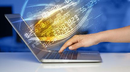 Poster - Man typing on modern notebook with number technology data coming