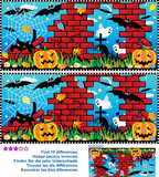 Fototapeta Młodzieżowe - Visual puzzle: Find the ten differences between the two pictures - Halloween night, pumpkin field, ruines, cemetery, ghosts, bats, black cat, spider web. Answer included.
