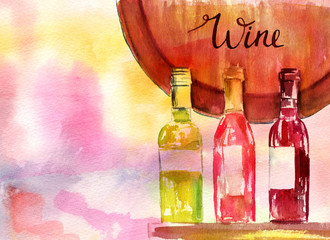 Three wine bottles and fragment of wine barrel, watercolour illustration