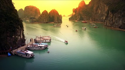 Wall Mural - Halong Bay Vietnam landscape timelapse panoramic view of boats harbor traffic