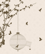 Vintage Style Card With Bird Silhouettes And Birdcage