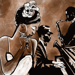 Wall Mural - Jazz band with singer, saxophone and piano - illustration
