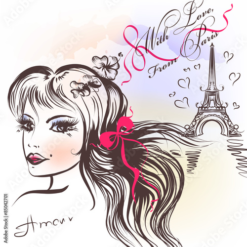 Cute French Girls Face With Long Hair Sketch Style Buy