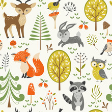 Seamless Summer Forest Pattern With Cute Woodland Animals, Trees, Mushrooms And Berries
 