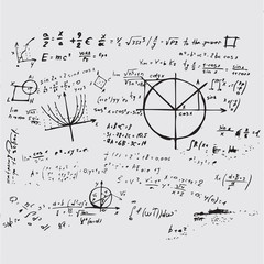 Math education vector with handwritten formulas, tasks, plots, c