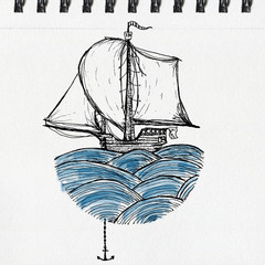 Sailing ship on waves, artistic ink and watercolor drawing on paper,  pen and ink drawing on paper texture, notebook page artwork.