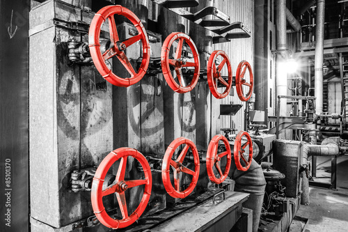 Obraz w ramie red valves in heating plant