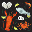 Lobster Seafood Set, Vector freehand illustration