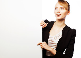  young business woman showing blank signboard