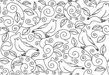 Wall Mural - Black and white vector seamless pattern with singing birds