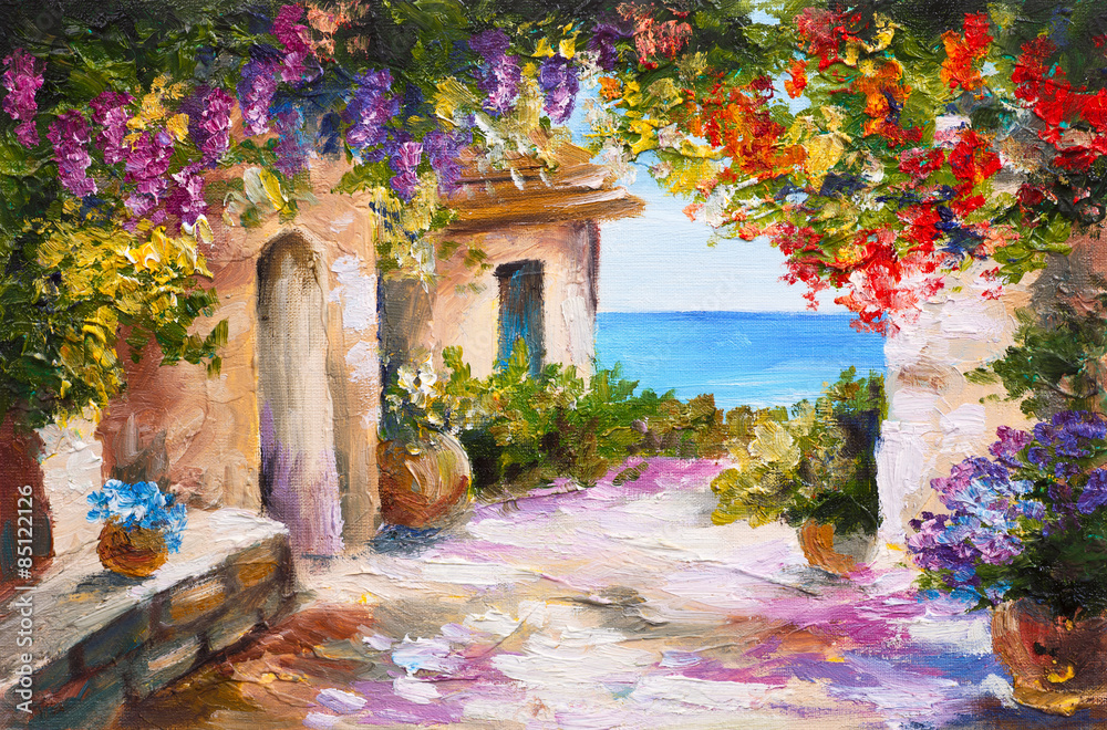 Obraz olejny - dom blisko morza, kolorowe kwiaty, letni krajobraz - obrazy, fototapety, plakaty 
