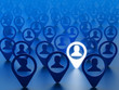 © Cybrain - Find friend, hire employee or choice person concept. Avatars of people social network accounts with the chosen one on blue background
