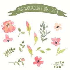 Pink watercolor vector floral set