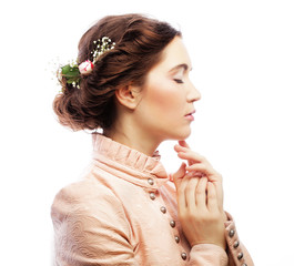 Portrait of beautiful young bride in pink dress 