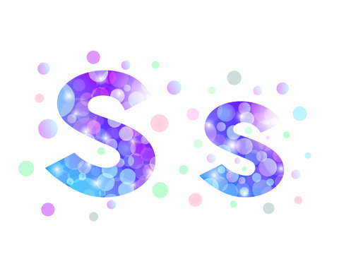 Alphabet from bokeh texture in bright blue and purple color.  Letter S.
