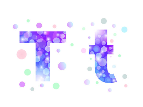Alphabet from bokeh texture in bright blue and purple color.  Letter T.
