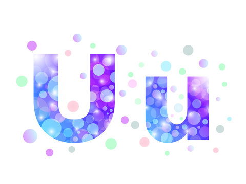 Alphabet from bokeh texture in bright blue and purple color.  Letter U.
